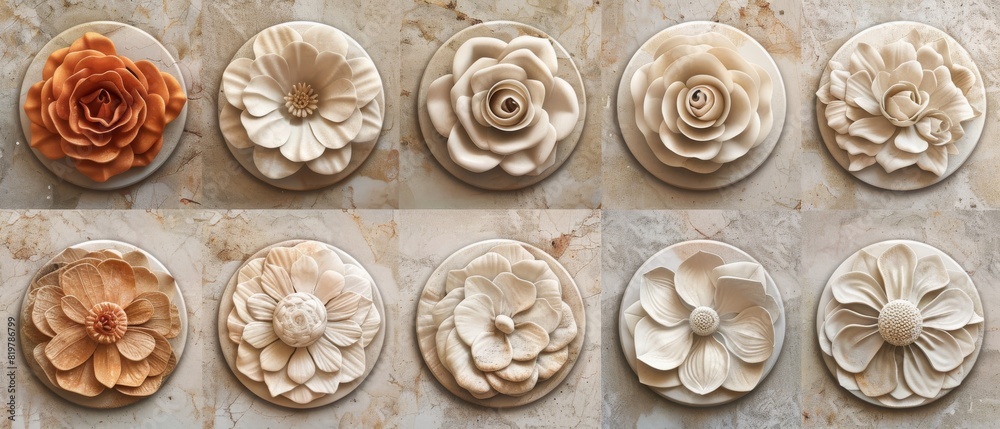 Aufkleber The camellia flower icons template features an abstract Japanese pattern and a circle shape. It can be used for logos, flyers, and presentations.