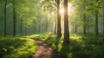 Fototapeta premium A winding path through a lush green forest with tall trees and vibrant foliage