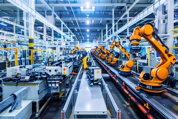 Factory technology, industrial robot line. Automotive automobile assembly production plant. Manufacture metal arm car transportation machine. Auto engineering automation machinery