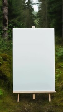 A white canvas is propped up on a wooden stand in a forest. The canvas is empty, and the forest is lush and green. Scene is serene and peaceful, as the canvas stands alone in the midst of nature