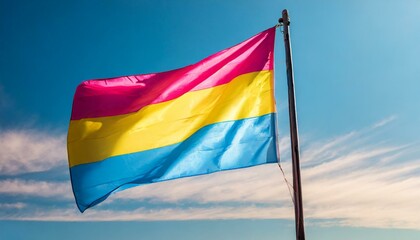 pansexual flag flutters against blue sky, lgbtq pride month