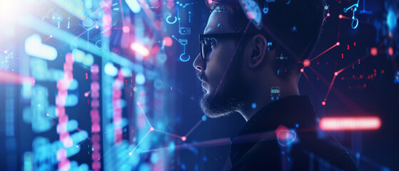 A man in business attire gazes into a digital futurescape with abstract technology overlays.