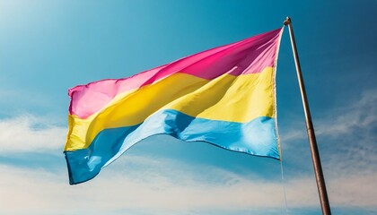 pansexual flag flutters against blue sky, lgbtq pride month