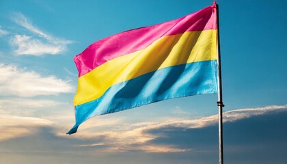 pansexual flag flutters against blue sky, lgbtq pride month