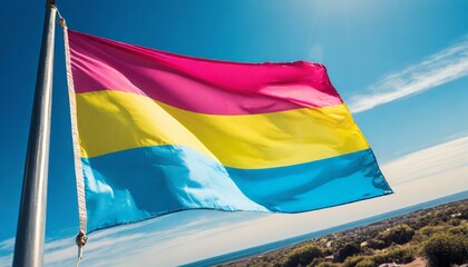 pansexual flag flutters against blue sky, lgbtq pride month