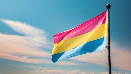 pansexual flag flutters against blue sky, lgbtq pride month
