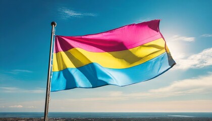 pansexual flag flutters against blue sky, lgbtq pride month
