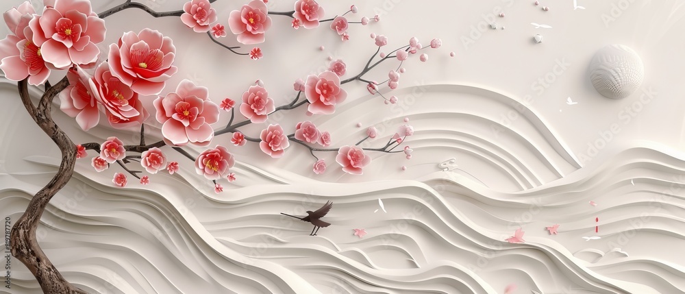 Poster Modern abstract arts background with Japanese pattern. Art landscape template with geometric elements. Cherry blossom flower, bonsai tree, and bird object.