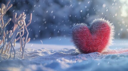 An animated fluff heart on a winter background. This is a 3D render.
