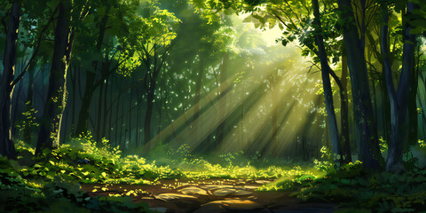Obraz premium sunlight in the forest, Envelop viewers in the serenity of a sun-dappled forest