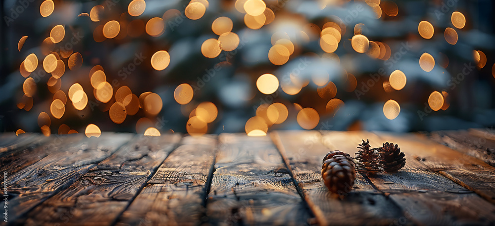 Aufkleber Christmas background with empty wooden table over bokeh. Generative AI.
