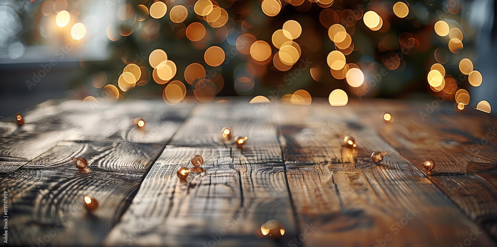 Aufkleber Christmas background with empty wooden table over bokeh. Generative AI.
