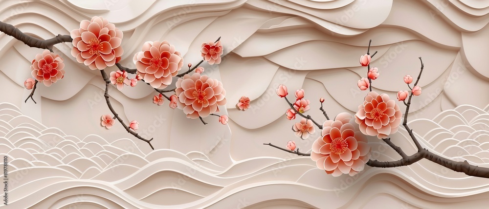 Aufkleber An abstract and geometric pattern based on a Japanese template modern. The patterns are abstract and geometric. Cherry blossom flower with wooden texture in Chinese style. Natural luxury texture.