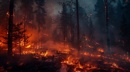 An intense forest fire burning through a dense forest at night, with flames and smoke creating a dramatic and dangerous scene.