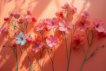 Digital artwork of small pink flowers over an orange background, high quality, high resolution