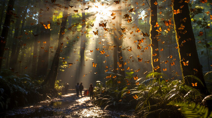 Monarch butterflies. Millions of butterflies create a living carpet on the forest