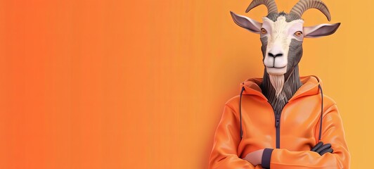 Fototapeta premium goat in a tracksuit on an orange background. bright colors. cartoon style. place for text. 