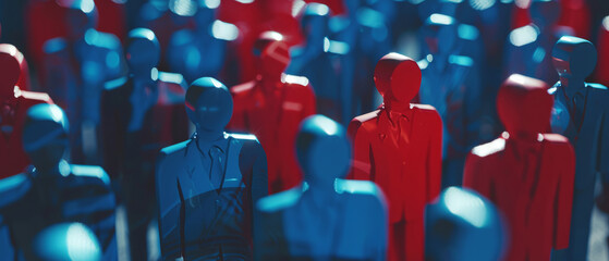 Surreal crowd of faceless figures in blue and red, symbolizing anonymity and conformity.