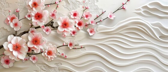 Geometric pattern in vintage style with cherry blossoms and peonies flower, wave pattern, bamboos, and ribbons.