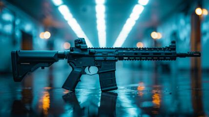 Modern Assault Rifle on Wooden Table