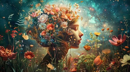 Visualizing the temporal lobe as a vibrant garden of thoughts, using surreal elements to represent cognitive processes