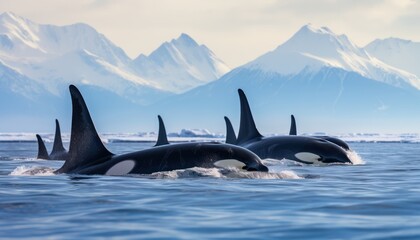Fototapeta premium Groups of Orcas or killer whales swim and hunt for prey, the top of the food chain in a sea of ​​ice floes