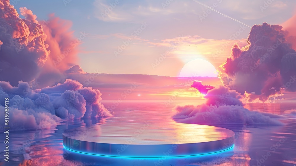 Aufkleber product display backdrop featuring a 3d seascape scene with dreamy clouds and neon lights.