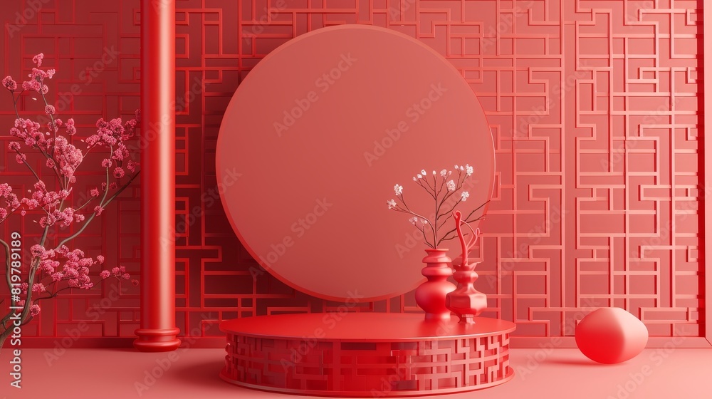 Aufkleber The background is Chinese and the podium is used for displaying the product. Three dimensional rendering.