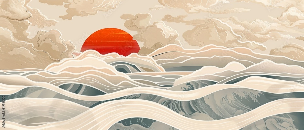 Poster this is a modernized japanese background with oriental elements. it has a geometric icon with orname