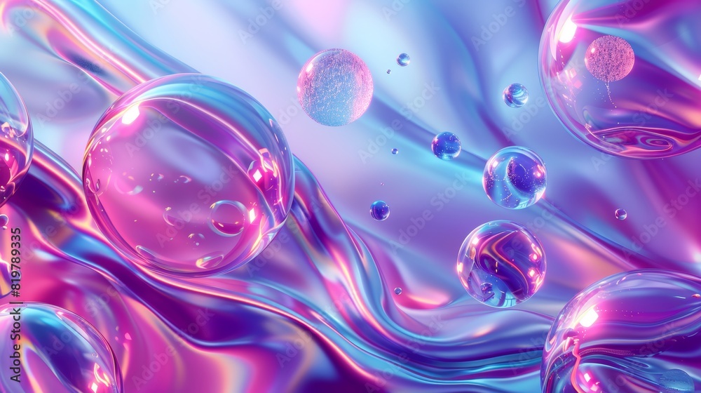 Fototapete a 3d abstract art background featuring holographic blobs of liquid, soap bubbles, and metaballs....
