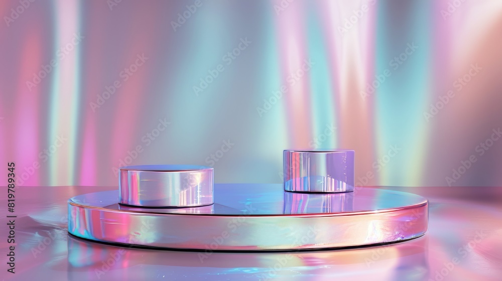 Poster a luxury fashion podium backdrop with holographic iridescent texture. a 3d render of this backdrop c