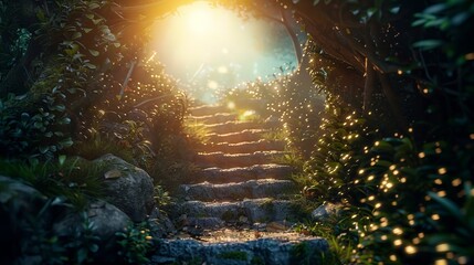 Mystical forest stairway illuminated by ethereal glow and surrounded by lush foliage and sparkling light, creating a magical pathway.