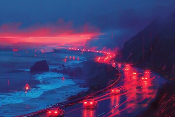 Featuring a cars on a highway near sea with long rays of light