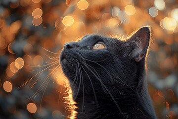 Digital image of  black cat looking up high, high quality, high resolution - Powered by Adobe
