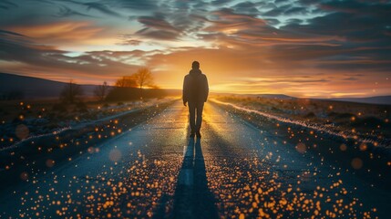 Silhouette of a person walking down a road at sunset, with dramatic clouds and a mystical ambiance.