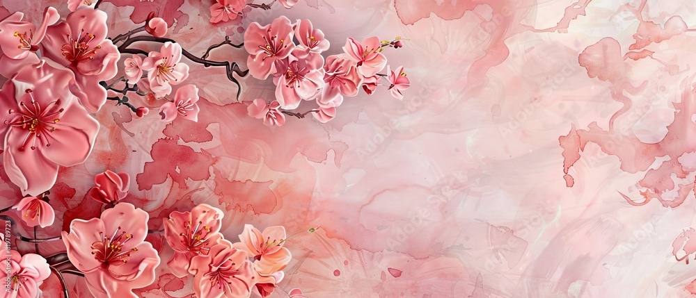 Poster Floral banner with vintage style wave pattern in cherry blossom background with watercolor texture.