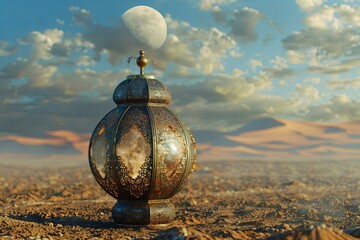 Digital image of  moroccan lantern on ground in desert with an image of two moons