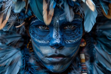 Featuring a the face of a native person is blue with feathers and made with face paint