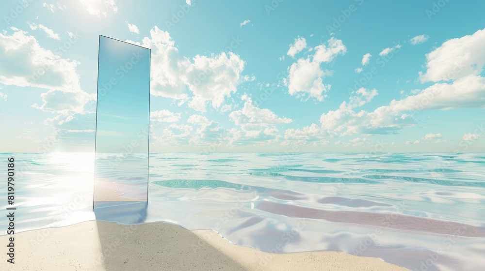 Leinwandbilder an outdoor summer beach scene with a reflection in the sky reflected in a mirror. 3d rendering.