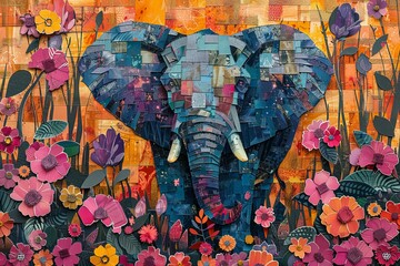 Abstract multicolor collage elephant card with pattern