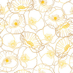 Poppy flowers golden outline pattern on white background