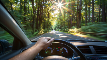  a car serves as a frame for the vibrant summer forest outside, the driver navigating a road that cuts through nature, sun flares illuminating the path ahead with promises of adventure
