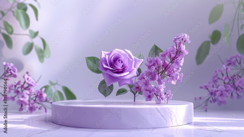 Poster this is a natural beauty podium backdrop for product display with a purple rose flower. a 3d renderi
