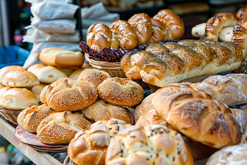 Freshly baked assorted bread displayed at outdoor market. Outdoor street food