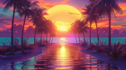 80s retro sunset, palm trees on both sides, neon orange, yellow, purple, and blue. Generative AI.