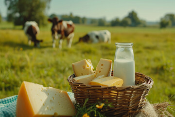 Assortment of cheese milk dairy products displayed outdoors, cows grazing