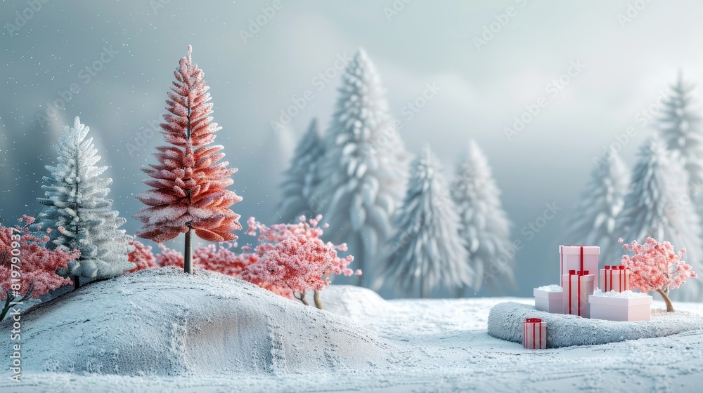 Poster the background of this 3d rendering depicts an abstract winter christmas landscape scene.