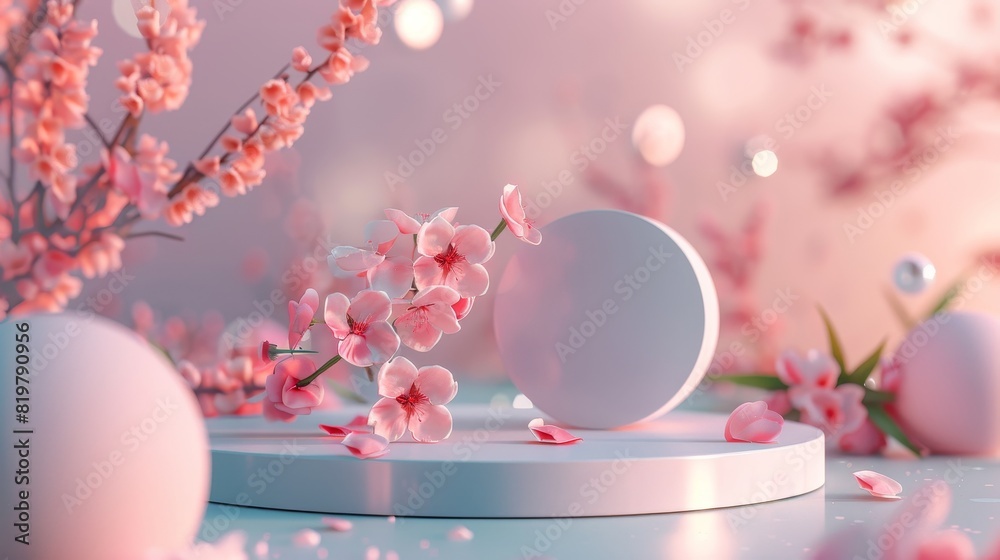 Poster 3D rendering of a bokeh background with a podium for displaying a product.