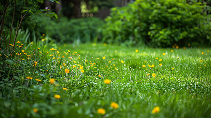 Picture a lively spring-summer morning with luxuriant green grass and vibrant yellow wildflowers