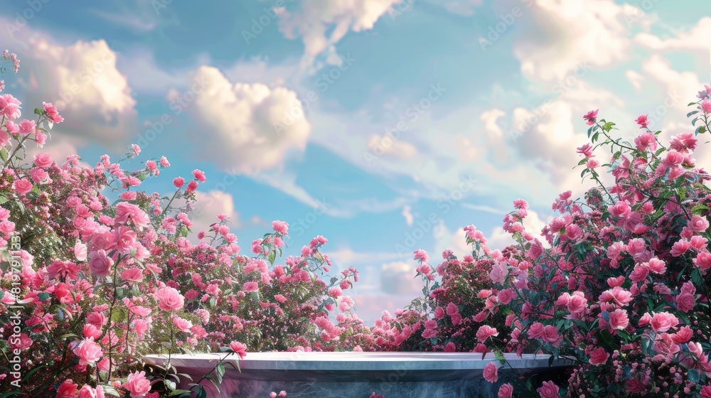 Poster spring rose flower field backdrop with natural beauty. 3d rendering...